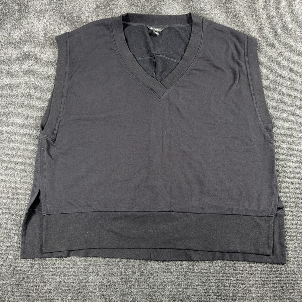Athleta Retro Terry V-Neck Vest Cotton Blend Sleeveless Sweatshirt 2X‎ Black